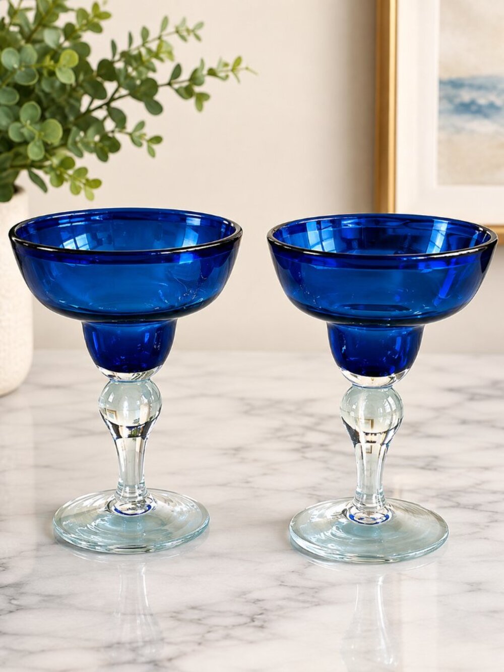 Artland Iris Cobalt Blue Margarita Glasses Set of 2 Hand Blown 8"